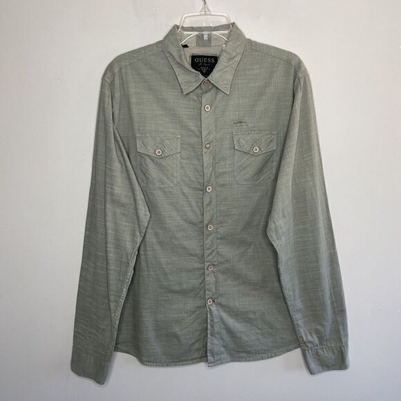GUESS Mens Button-Up Long-Sleeve Shirt Sz XL 100% Cotton Green Woven Western - Picture 1 of 11